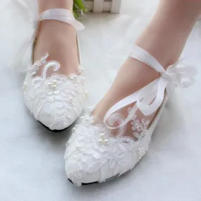 Women's white lace comfortabe wedding shoes
