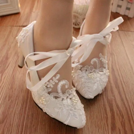 Women's white lace comfortabe wedding shoes